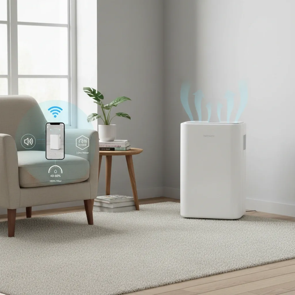 Stille slimme luchtontvochtiger met app en HEPA-filter in huis