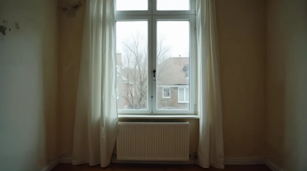 Coin d'un logement social néerlandais avec des taches de moisissure sur le mur près de la fenêtre et vue sur les maisons mitoyennes voisines