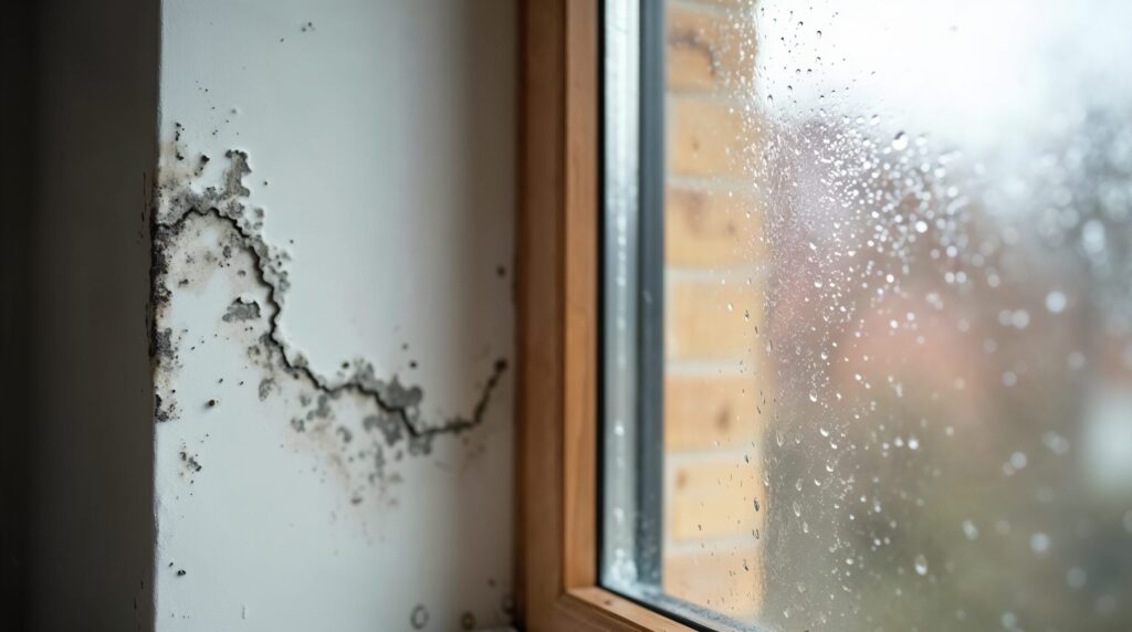 Taches de moisissure sur un mur blanc à côté d’une fenêtre couverte de gouttes de condensation