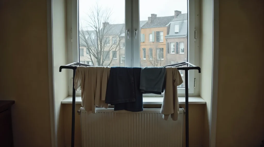 Linge qui sèche sur un séchoir devant une fenêtre néerlandaise avec condensation, avec vue sur les maisons mitoyennes par une journée d'hiver grise