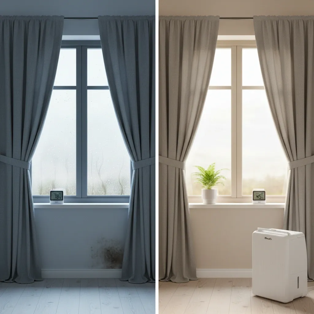 Fenêtre embuée avec condensation et gouttes d’eau sur le cadre