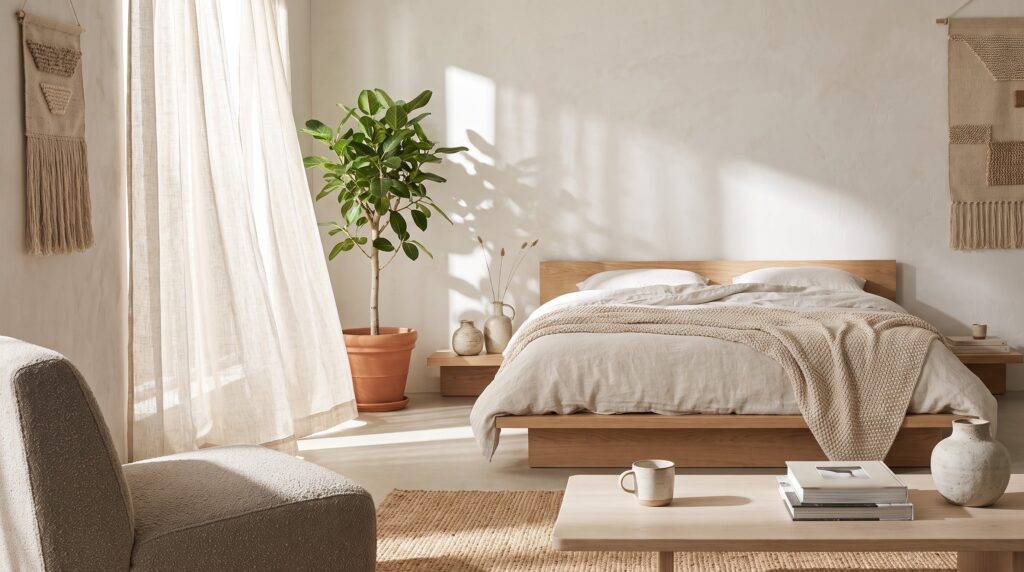 Chambre japandi lumineuse avec fenêtre grande ouverte, voilage en lin agité par la brise et plante verte pour un air intérieur sain