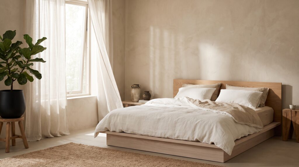 Chambre japandi baignée de lumière matinale, couette en lin repliée pour aérer le lit et fenêtre entrouverte