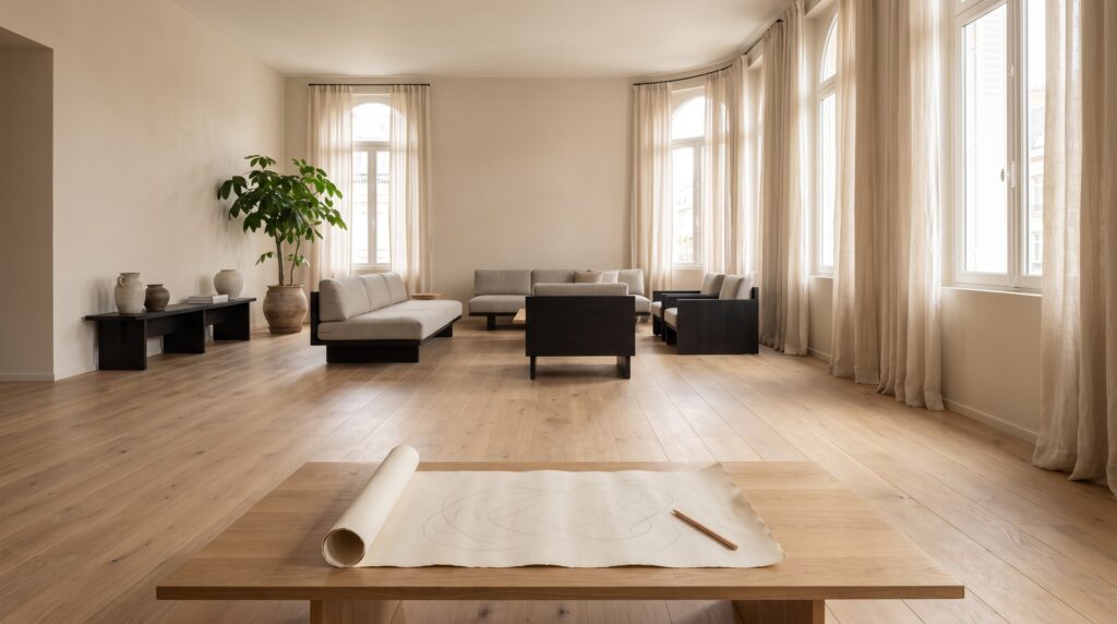 Salon spacieux de style japandi avec un plan de la pièce et un crayon sur une table basse en chêne, pour estimer la surface à traiter