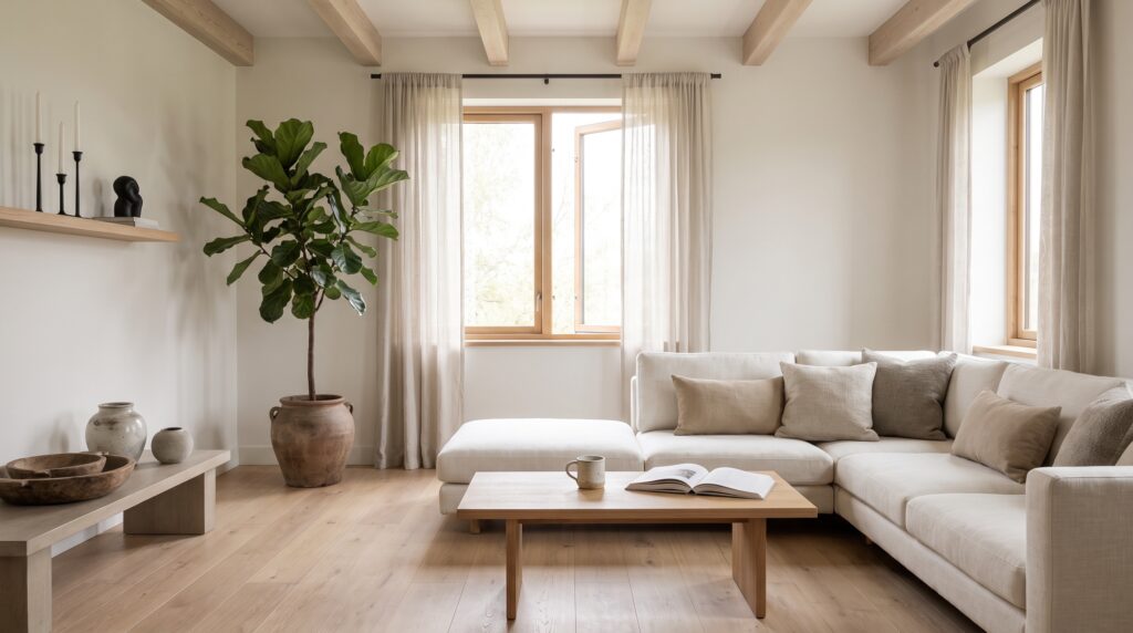 Salon japandi baigné de lumière naturelle douce avec plante verte, lin et chêne clair, illustrant un climat intérieur sain et équilibré