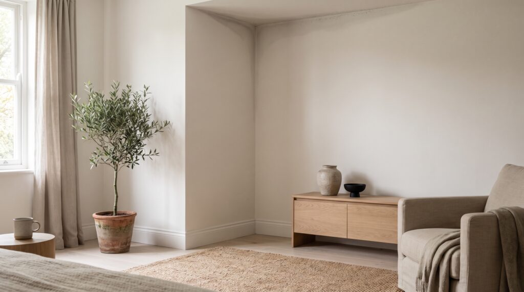 Angle de salon japandi avec ombre d'humidité et premières taches de moisissure grise en haut du mur, signe d'un pont thermique