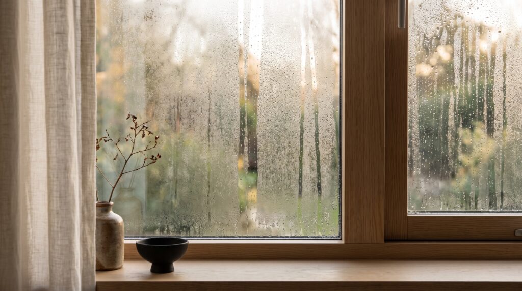 Condensation matinale avec gouttes et rigoles sur une fenêtre à châssis en bois dans un intérieur japandi