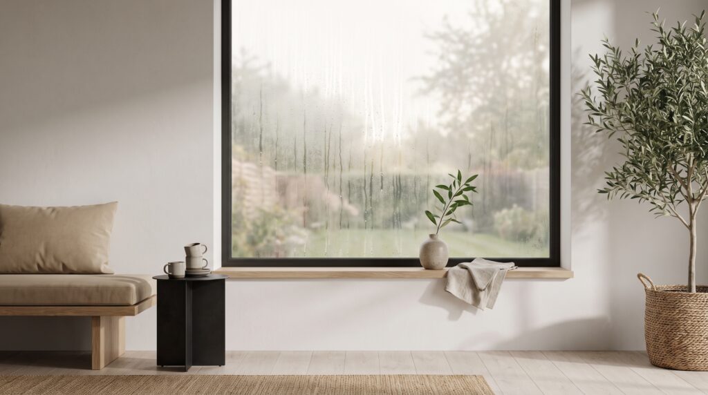 Condensation et gouttelettes d'eau ruisselant sur une fenêtre dans un intérieur japandi, illustrant une humidité intérieure élevée.