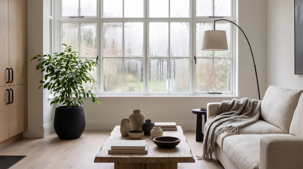 Séjour lumineux de style japandi avec de la condensation sur les vitres basses de la fenêtre, signe d'humidité dans la maison