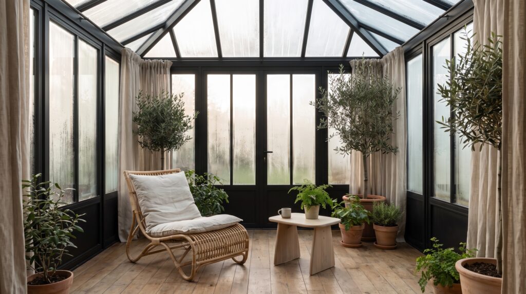 Véranda japandi au petit matin avec une légère condensation sur les vitres, fauteuil en rotin, plantes vertes et parquet en chêne