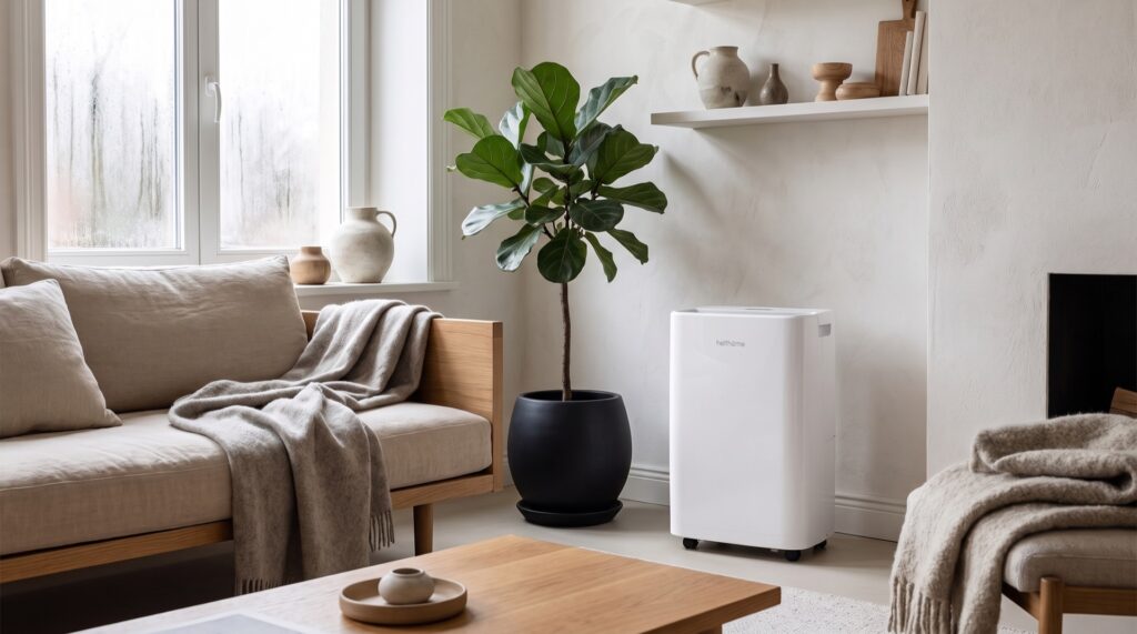 Déshumidificateur Helthome Smart Air 20L dans un salon de style japandi, avec de la condensation sur la fenêtre en hiver