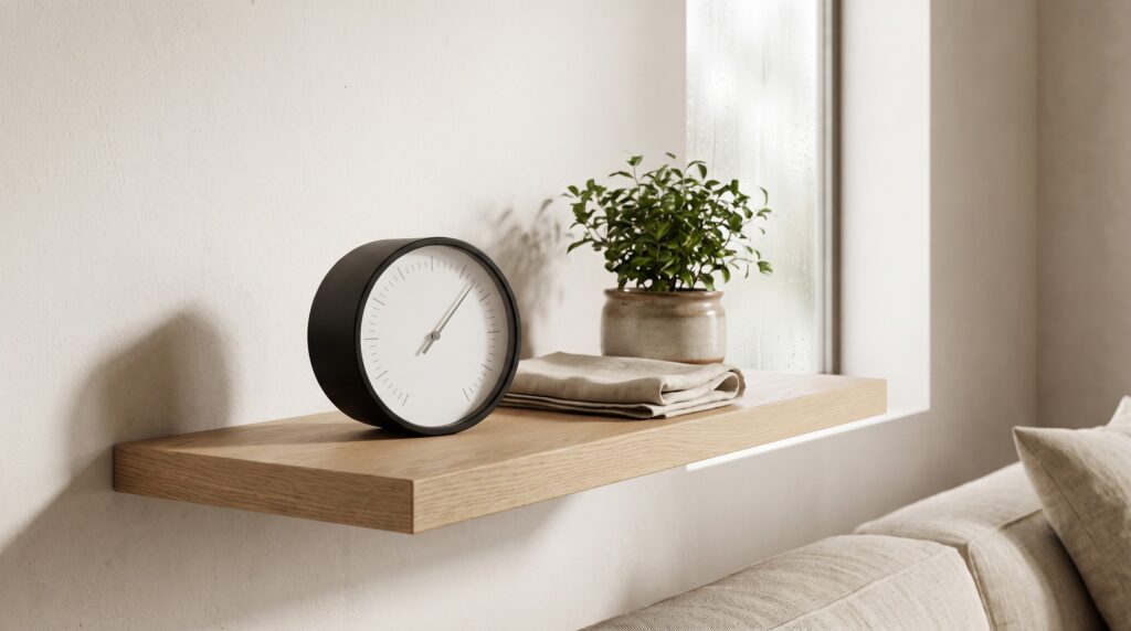 Hygromètre minimaliste sur une étagère en chêne clair devant une fenêtre embuée, style japandi