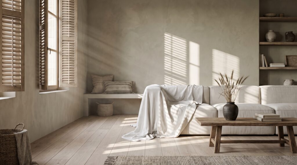 Salon japandi d une maison de vacances fermee, volets mi-clos laissant filtrer une lumiere rasante, housse de protection sur le canape