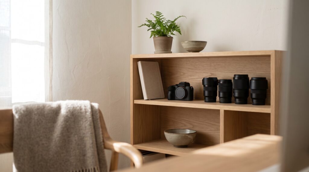 Objectifs photo et boîtier hybride rangés sur une étagère ouverte en chêne clair dans un bureau de style japandi